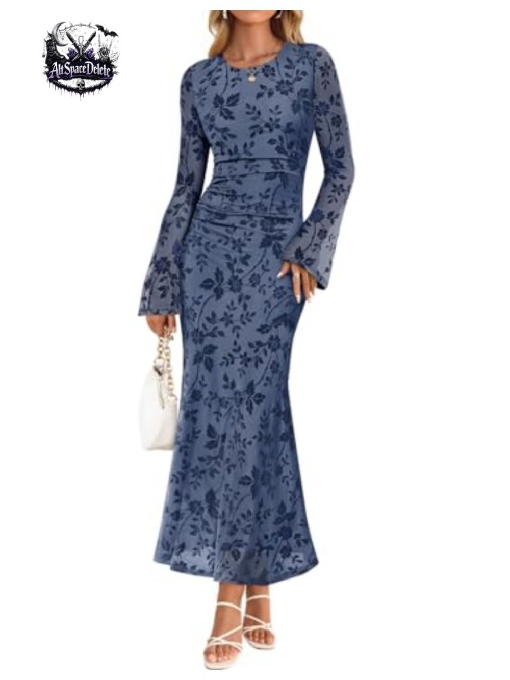 Long Sleeve Floral Bodycon Ruched Mesh Maxi Formal Dress